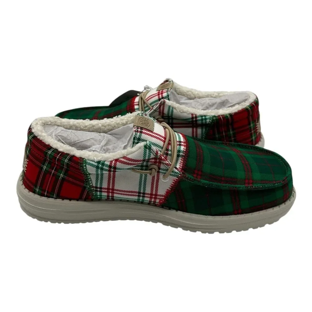 Hey Dude Wally Tri Tartan Plaid Loafer Mens 12 Green White Red Slip On Christmas
